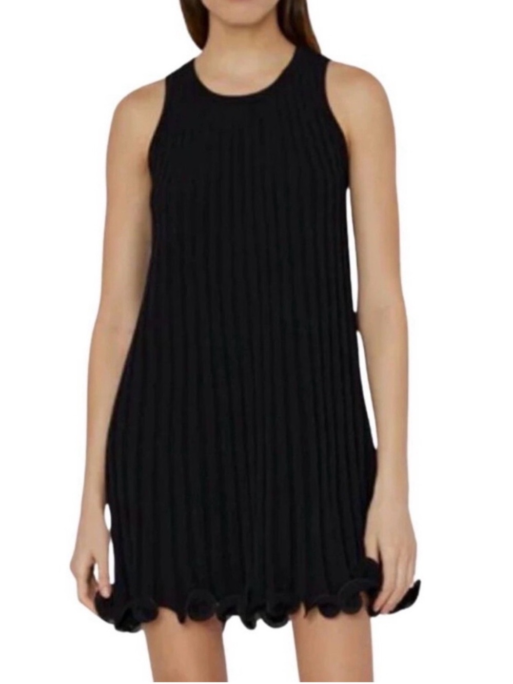 Milly Black Ribbed Knit Sleeveless Wired Edge Ruffle Trim Swing Mini Dress